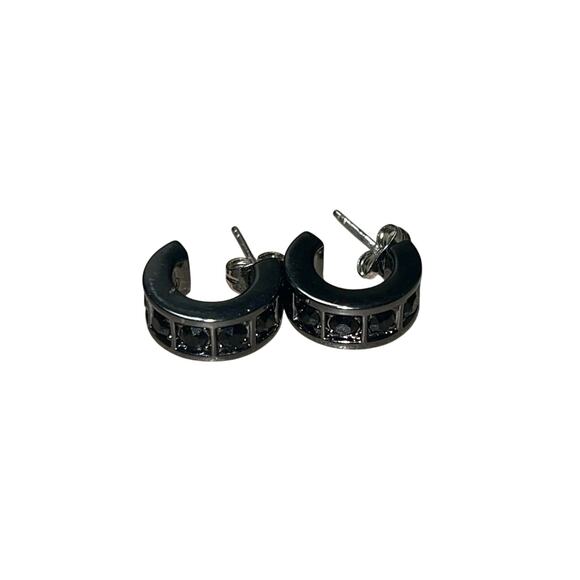 COACH Vintage Beveled Pave Black Crystals Gunmetal C Hoop Earrings - Picture 1 of 7